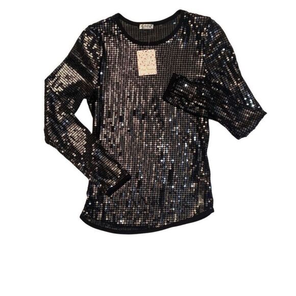 NWT Free People Intimately Long Sleeve Mesh Sheer Black Sequin Top Women Small - Picture 1 of 12